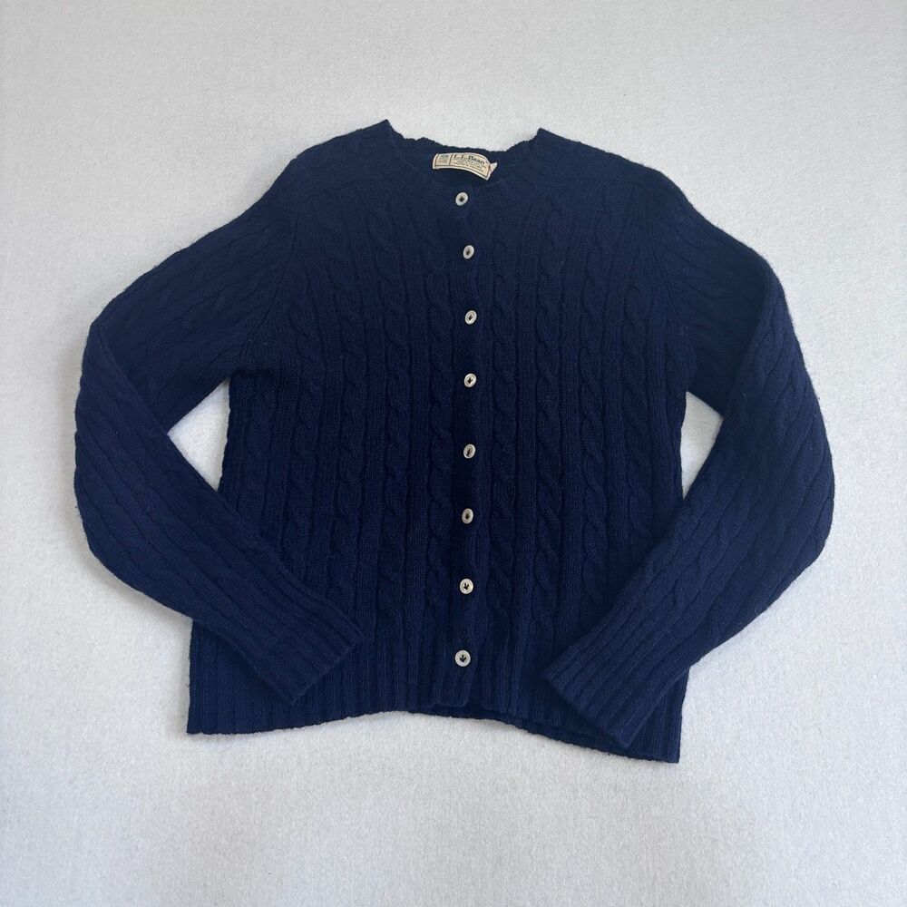 L.L. Bean VTG Cable Knit Wool Cardigan Sweater Women's 38 / M Navy Blue *READ*